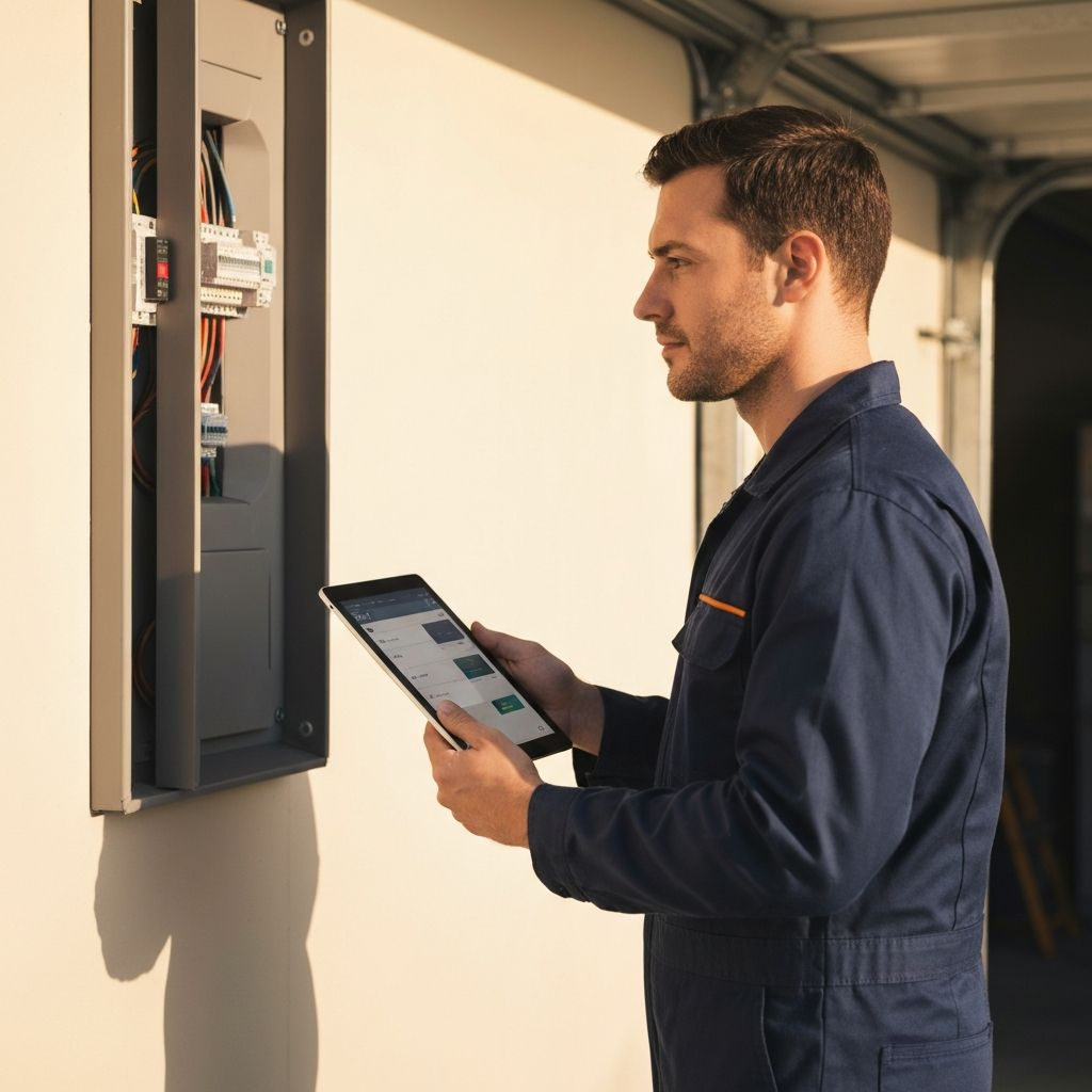Electrician using Sprinto on a tablet at a residential electrical panel