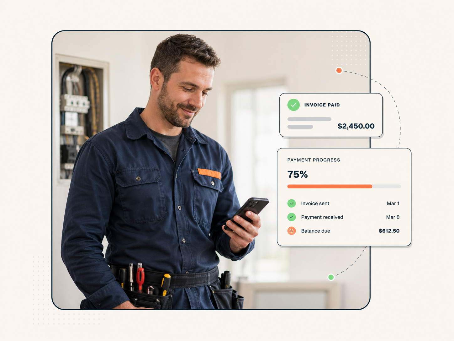 Electrician checking invoice payment status and progress on phone