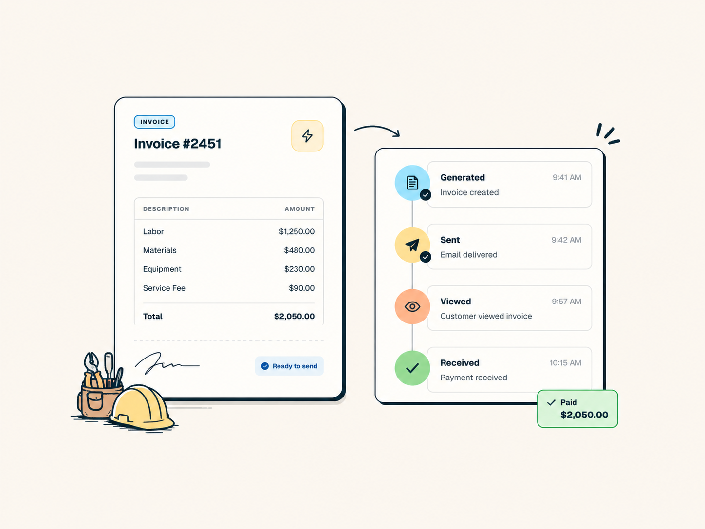 Invoice workflow showing complete customer and job details with payment tracking