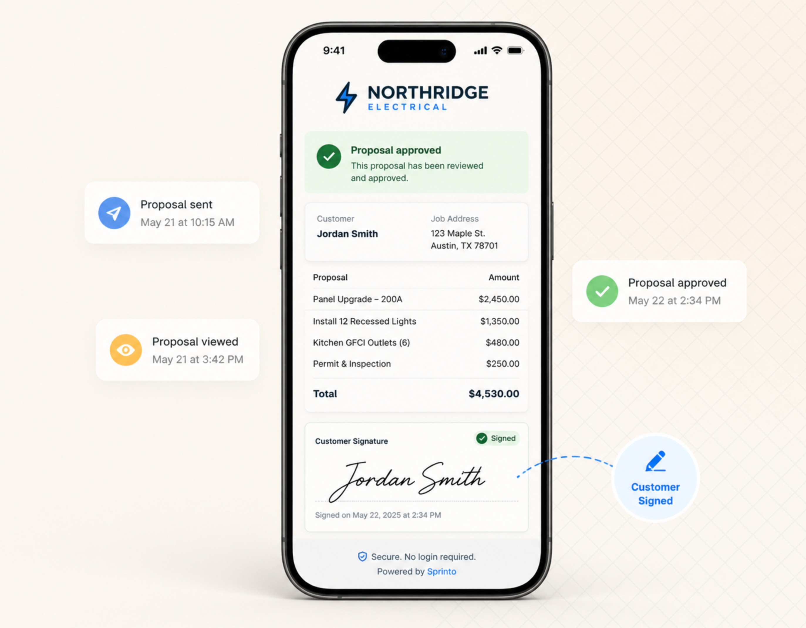 Customer electronic signature on proposal
