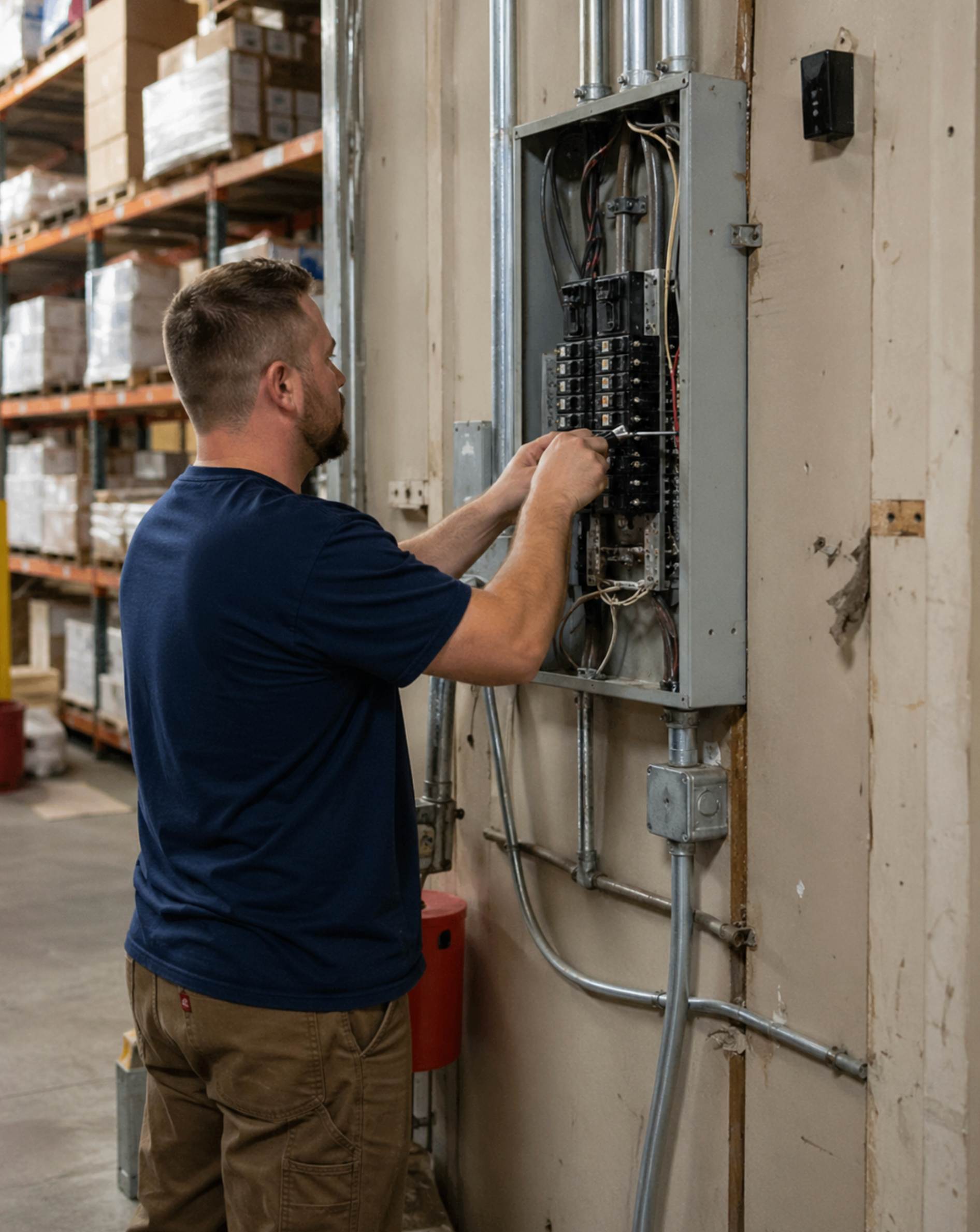 Electrician working on electrical breaker panel in warehouse