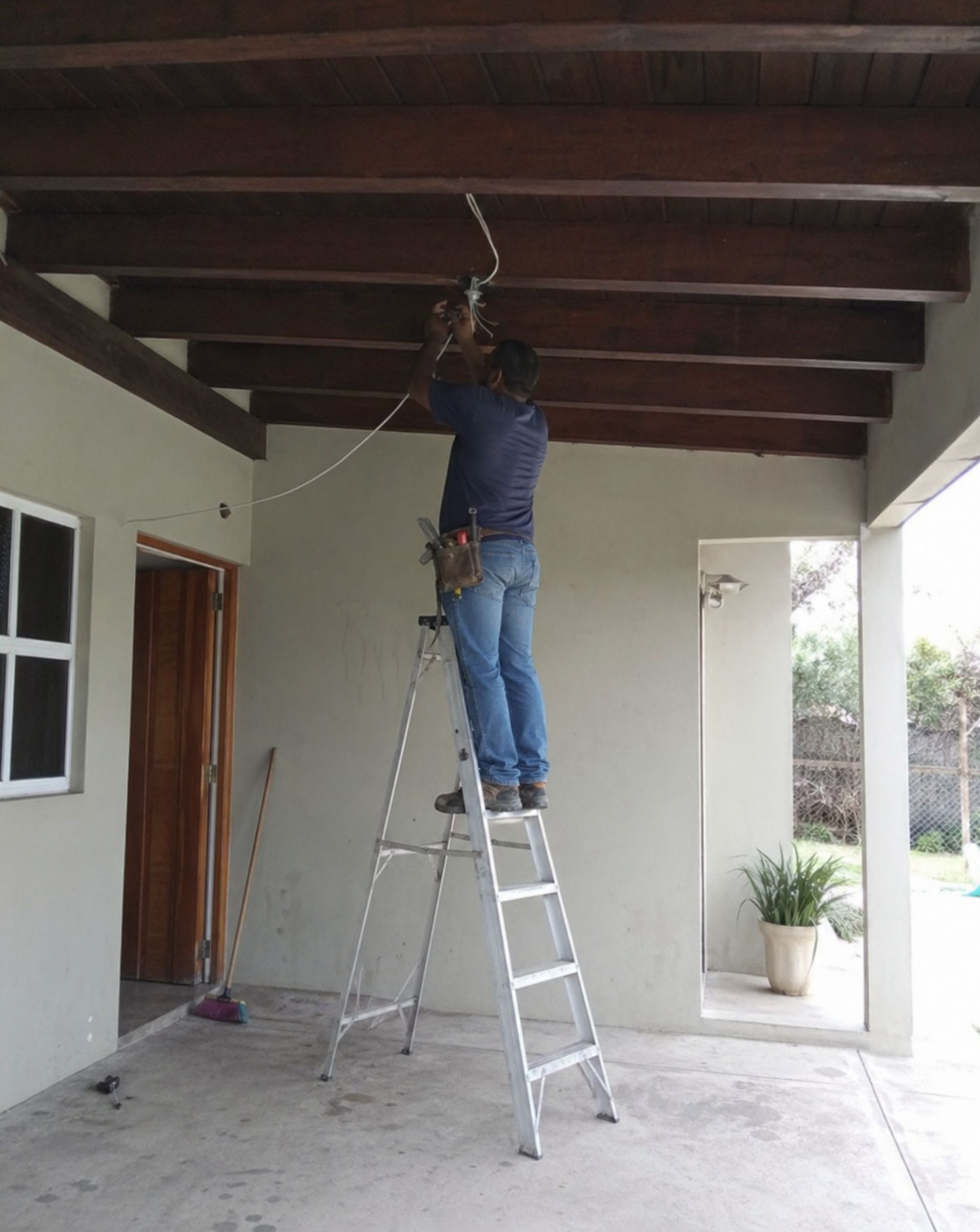 Electrician on ladder installing ceiling electrical wiring