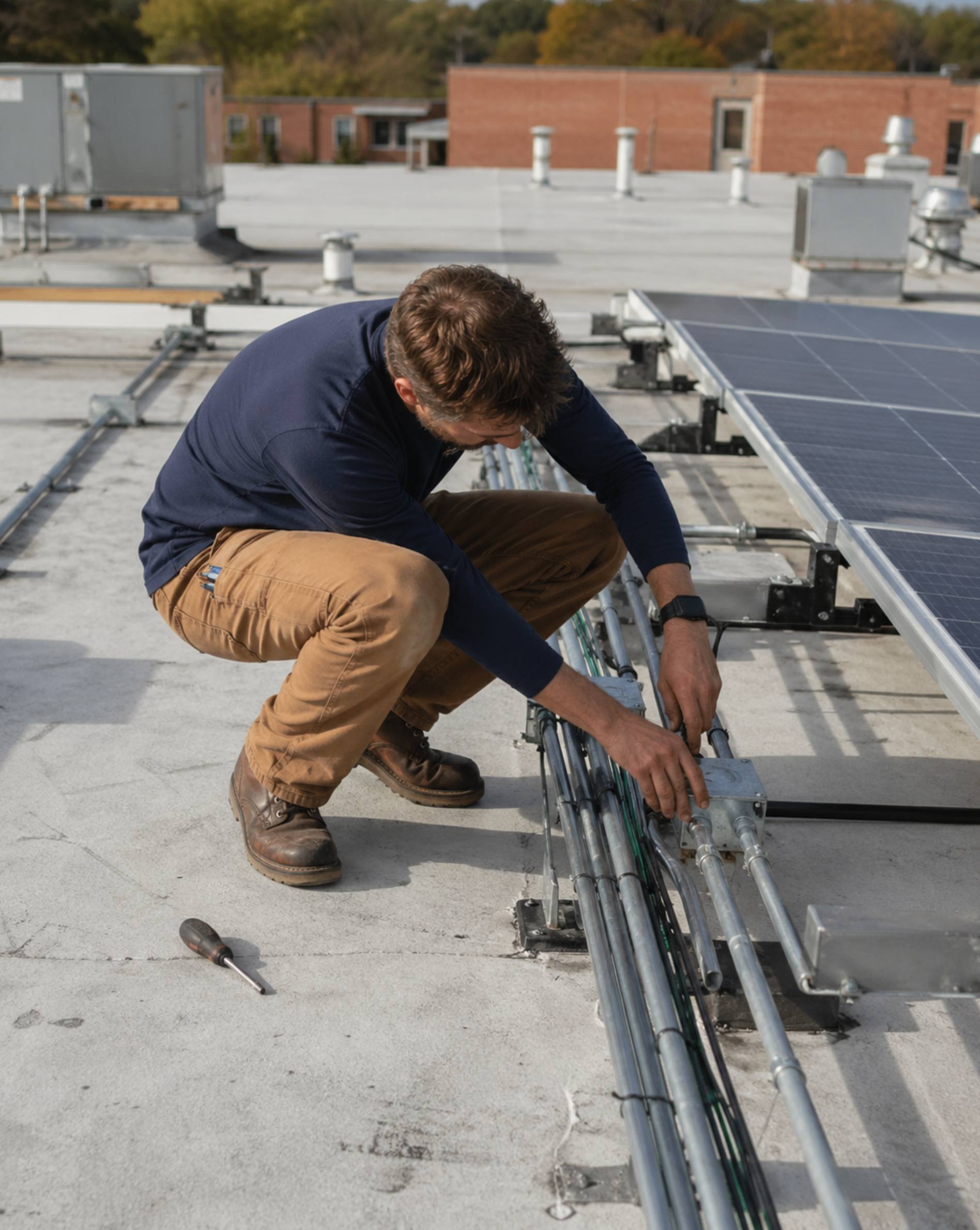 Electrician on commercial rooftop installing solar panel rails